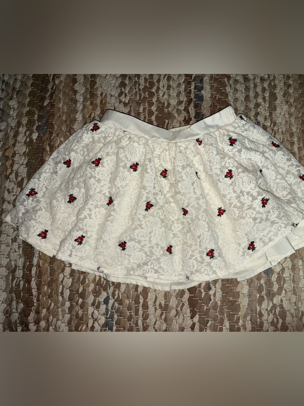 Janie and Jack Cream Lace Skirt with Red Rose Embroidery